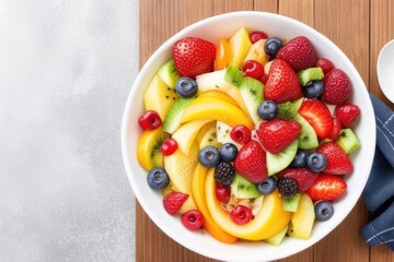 Flat lay Bowl of healthy fresh fruit salad