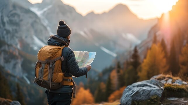 Hiker with map planning the next leg of mountain hiking journey with beautiful landscape backdrop
