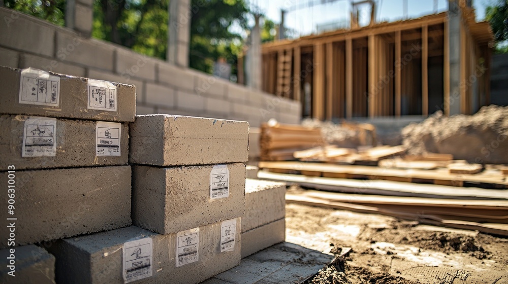 Wall mural stack of concrete foundation blocks with price tags attached. partially constructed foundation wall 