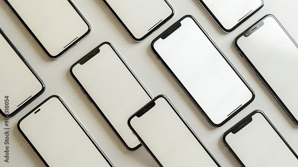 Poster flat rays collection of smartphone mockup blank screen isolated with clipping path on white background : Generative AI
