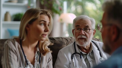 Mature wife and husband talk to therapist during housecall visit at home Professional medical worker share good optimistic health news to old couple explain treatment plan Medicine ins : Generative AI