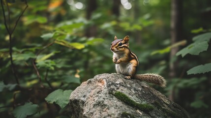 Obraz premium A Curious Chipmunk Perched on a Rock in a Lush Forest