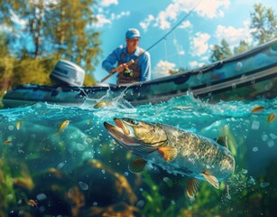 A fisherman in an inflatable boat casts his line, reeling in a large trout that leaps from the water
