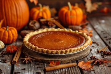 Fototapeta premium photo of pumpkin pie with an amber color, on the table surrounded by pumpkins and cinnamon sticks