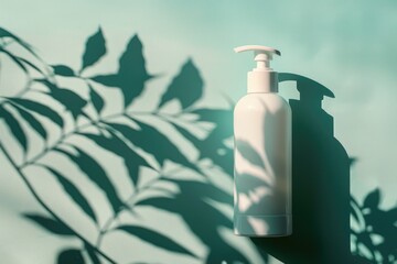 Minimalist Cosmetic Airless Pump Bottle with Leaf Shadows on Mint Green Background - Perfect for Skincare Branding and Advertising.