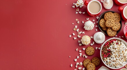 Obraz na płótnie Canvas Festive Treats and Beverages on Red Background for Cozy Winter Gathering