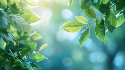 Summer background of blue and green blurred foilage and sky with bright bokeh Blurry abstract summer background Natural green leaves using as cover page greenery environment ecology ba : Generative AI