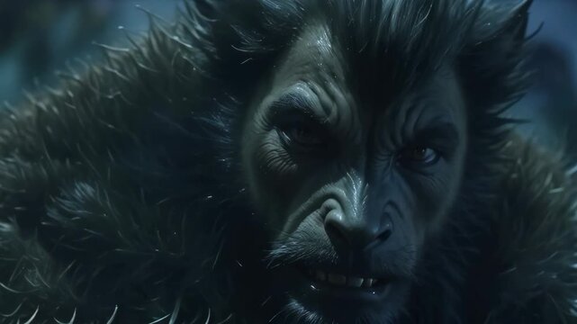 Full moon transforms into a creepy werewolf looking at the camera, morphing. Mythical creature man-wolf