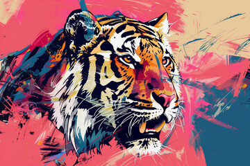 colorful tiger with a yellow eye is the main focus of the image. The tiger's face is surrounded by a splash of colors, giving the impression of a vibrant and lively scene