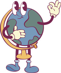 Globe cartoon character retro groovy mascot