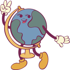 Globe cartoon character retro groovy mascot