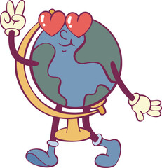 Globe cartoon character retro groovy mascot