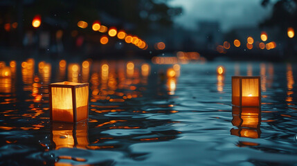 Obraz premium Floating Lanterns Illuminate Tranquil Waters During Evening Festival Near Riverside