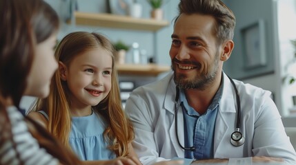 Obraz premium Mother and child visit family doctor at modern clinic Happy smiling mom and daughter sitting at table together with man pediatrician and talking about medical checkup results Healthcar : Generative AI