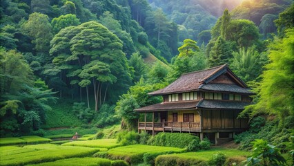 Obraz premium Traditional house surrounded by lush green forest, cabin, woods, nature, rural, cozy, wooden, home, peaceful