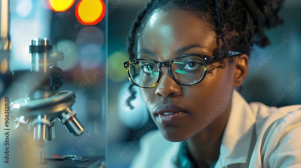Poster A focused african american woman scientist working on a computer in a laboratory setting : Generative AI
