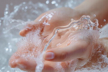 Fototapeta premium close-up of hand skin, with a thin layer of cream, splashes and drops of water around. feeling of freshness and hydration. There is empty space for text.