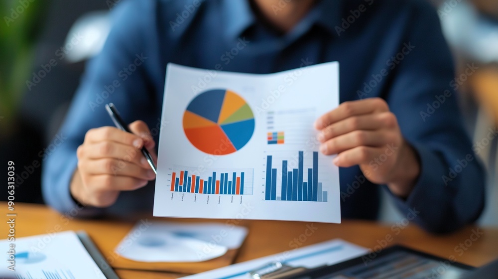 Poster a person is holding a piece of paper with a pie chart on it. the chart is colorful and has different