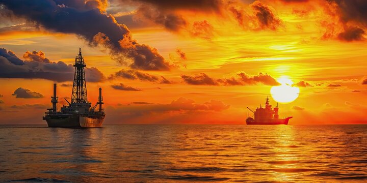Silhouette view of a drilling rig and FPSO ship in sunset offshore background, drilling rig, FPSO ship, silhouette
