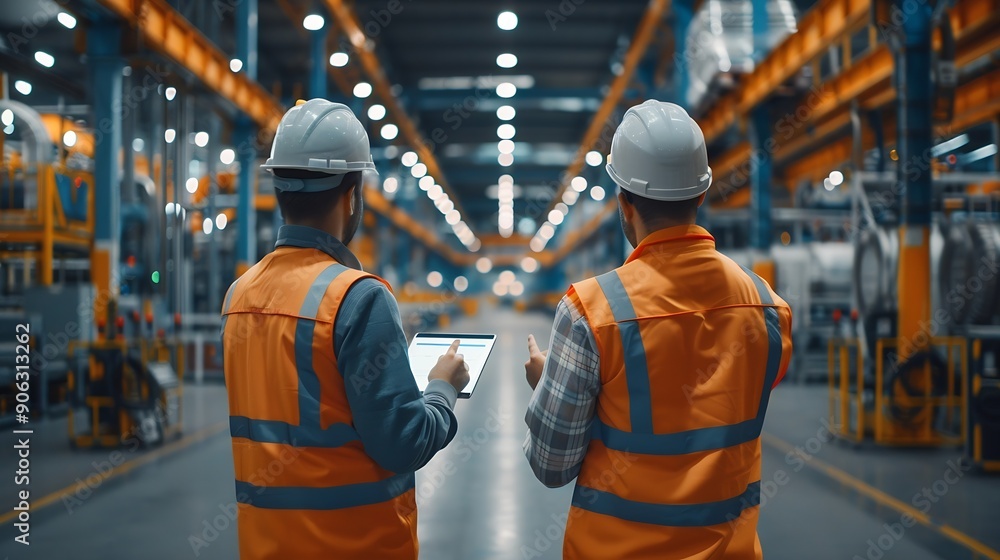 Poster Industry 40 Modern Factory Two Engineers in Empty Warehouse Use Digital Tablet Computer with Augmented Reality Software For a Room Mapping Doing 3D Factory Floor Layout High Angle Shot : Generative AI