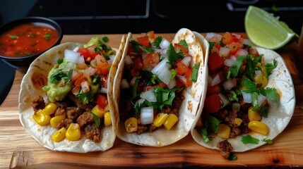 Delicious tacos filled with seasoned beef, fresh vegetables, and vibrant toppings, served with salsa and lime on a wooden board.