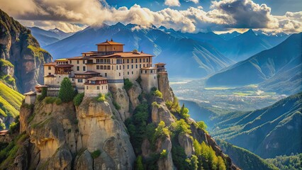 Monastery perched on a majestic mountain peak overlooking the valley, monastery, mountain, peak, valley, landscape
