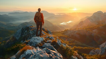 Fototapeta premium Hiker Stands on Mountain Peak Overlooking Breathtaking Valley at Sunrise