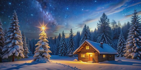 Fototapeta premium Christmas featuring a winter wonderland scene with a cozy cabin, snow-covered trees, and twinkling stars in the night sky, Christmas