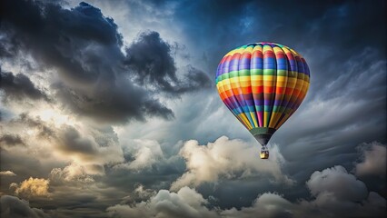 Fototapeta premium Hot air balloon flying in a gray cloudy sky, hot air balloon, gray, sky, clouds, flying, transportation, adventure, travel
