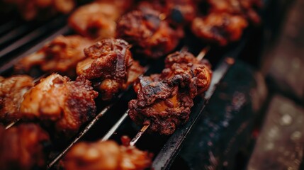 Grilled chicken skewers sizzling on a barbecue, showcasing a flavorful and appetizing outdoor cooking experience.