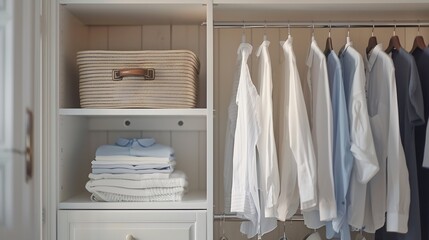 clothes hanging on rail in white wardrobe with boxes : Generative AI