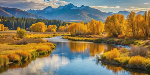 Obraz premium Pastoral river scene with golden autumn foliage and distant mountains , serene, tranquil, river, water, autumn, fall, golden