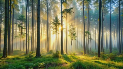 Obraz premium Misty forest at dawn with tall, slender trees exuding a serene