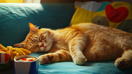 “Fast Food Fiesta: Cat’s Cozy Couch Nap”