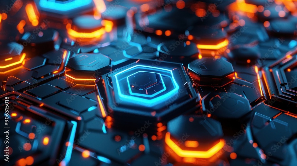 Poster abstract 3d render of glowing hexagons