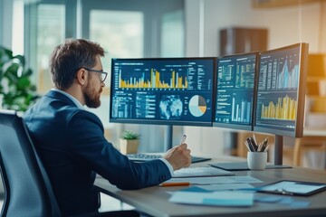 Businessman Analyzing Data on Multiple Monitors in Office