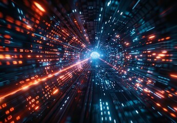 Naklejka premium A background of digital numbers and code moving at high speed, representing the AI era's horizon for fast data transfer.