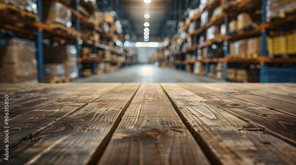 Fototapete The empty wooden table top with blur background of warehouse storage Exuberant image : Generative AI