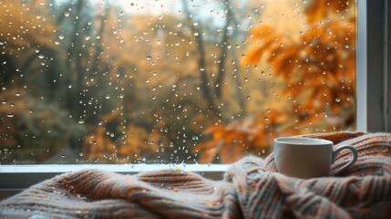 Raindrop covered window showing blurred autumn trees, cozy indoor scene with tea and blanket