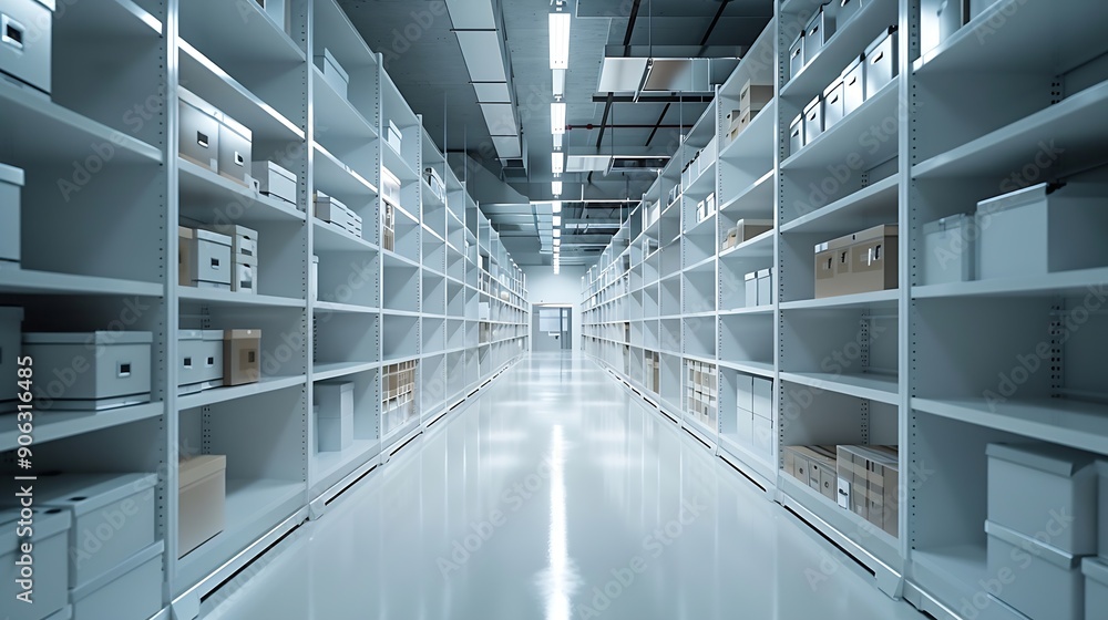 Poster rows of shelves with boxes in the factory warehouse a perfectly white clean warehouse smooth boxes s