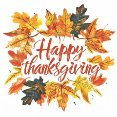 text Happy thanksgiving on white background with autumn leaves