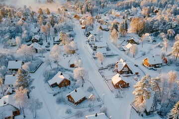 Winter Wonderland in Swedish Village &ndash; Aerial View for Holiday Card Design