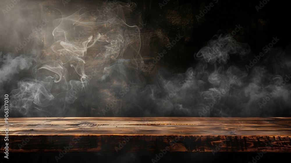 Aufkleber On a black background an empty wooden table with smoke floats up Empty space for displaying your products with a smoke float up on a dark background Space available for displaying your : Generative AI
