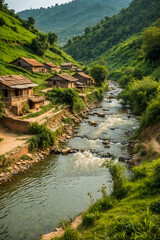Fototapeta premium Malownicza wioska z pagórkowatym terenem i łagodnie opadającą rzeką. Skromne drewniane domy