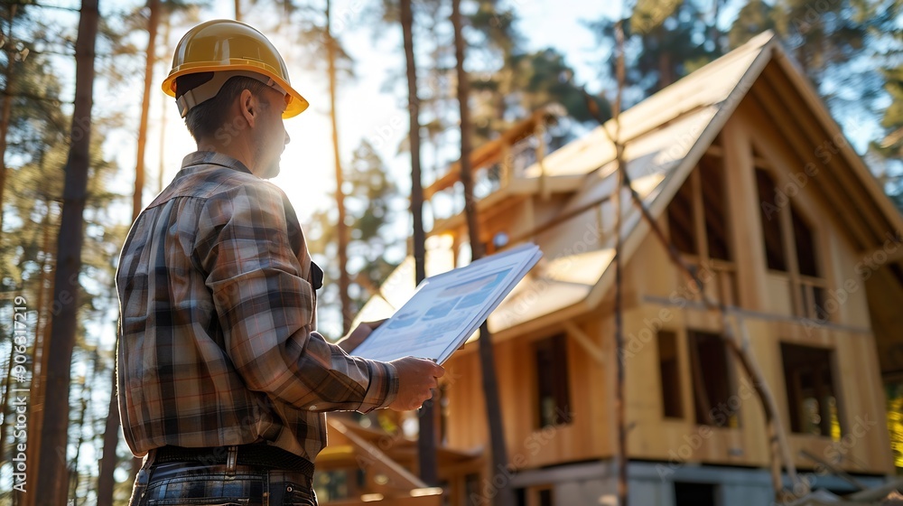 Poster Worker building wooden twostory house near the forest Man in work clothes and hard hat reviewing the construction plan The aim is to implement modern environmentallyfriendly constructi : Generative AI