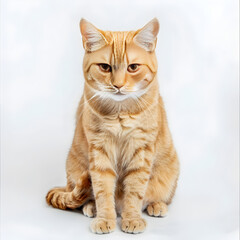 Ginger cat is sitting on a white background, looking ahead