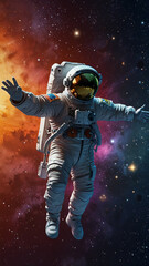 Watercolor Painting: Space explorer in space suit, floating in zero gravity, gazing at distant stars