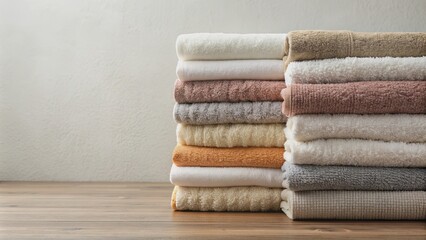 A neatly stacked pile of fluffy towels , towels, stack, spa, hotel, bathroom, clean, folded, household, linen, fabric