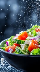 A classic Greek salad, crisp cucumbers, ripe tomatoes, red onion, Kalamata olives and feta cheese, Mediterranean seaside cafe setting, bright daylight