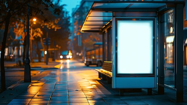 bus shelter at busstop blank white lightbox empty billboard bus shelter ad glass and aluminum structure transit station urban setting city street background stone sidewalk base for moc : Generative AI